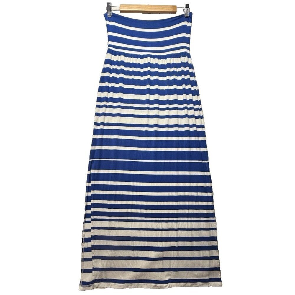 Athleta Skirt Women's S Blue White Stripe Fold Over Maxi Long Length Rayon Blend